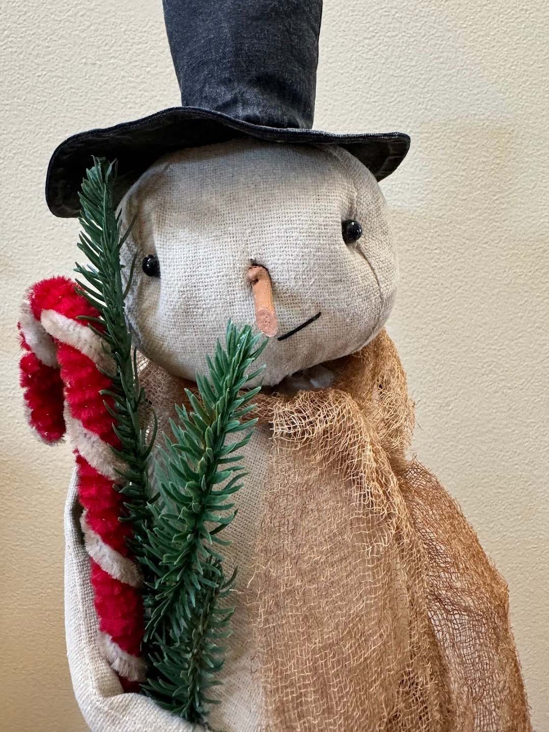 Primitive Folk Art Christmas Pot Belly Snowman on Stand with Candy Cane 17" - The Primitive Pineapple Collection