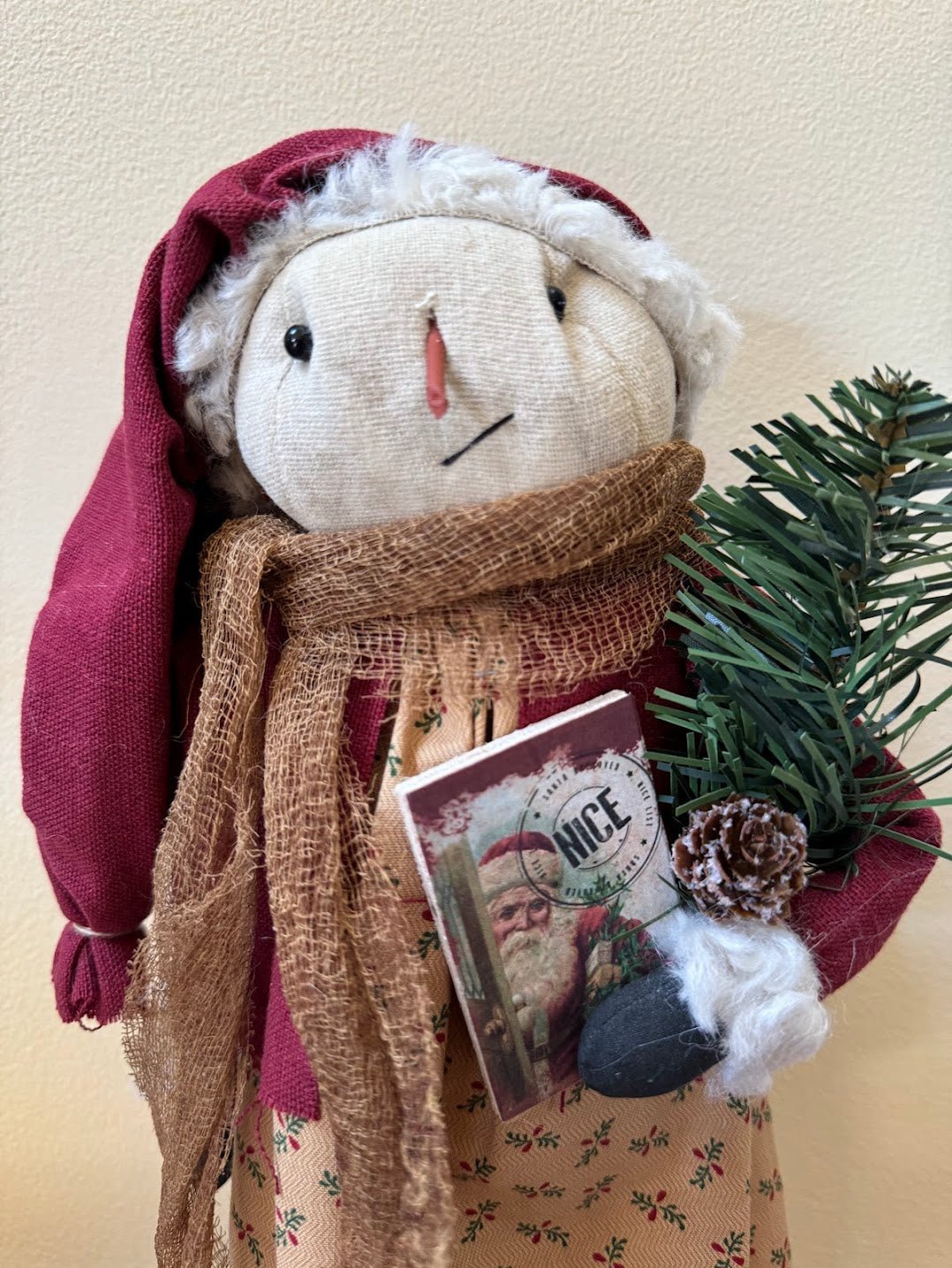 Primitive Handcrafted Christmas Santa Hat Snowlady on Stand 16" - The Primitive Pineapple Collection