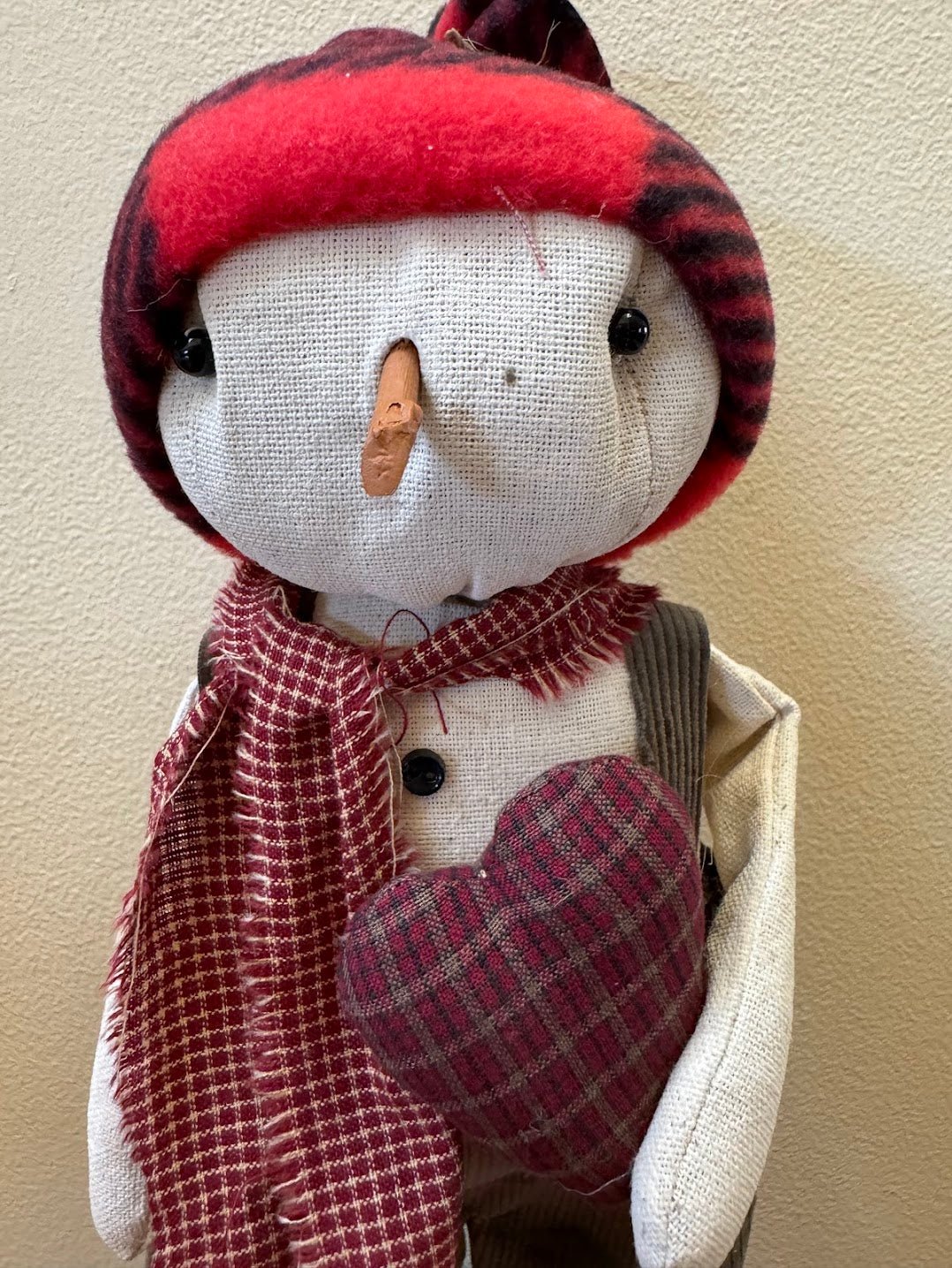 Primitive Handcrafted Christmas Snowman w/ Red Heart on Stand 13" - The Primitive Pineapple Collection