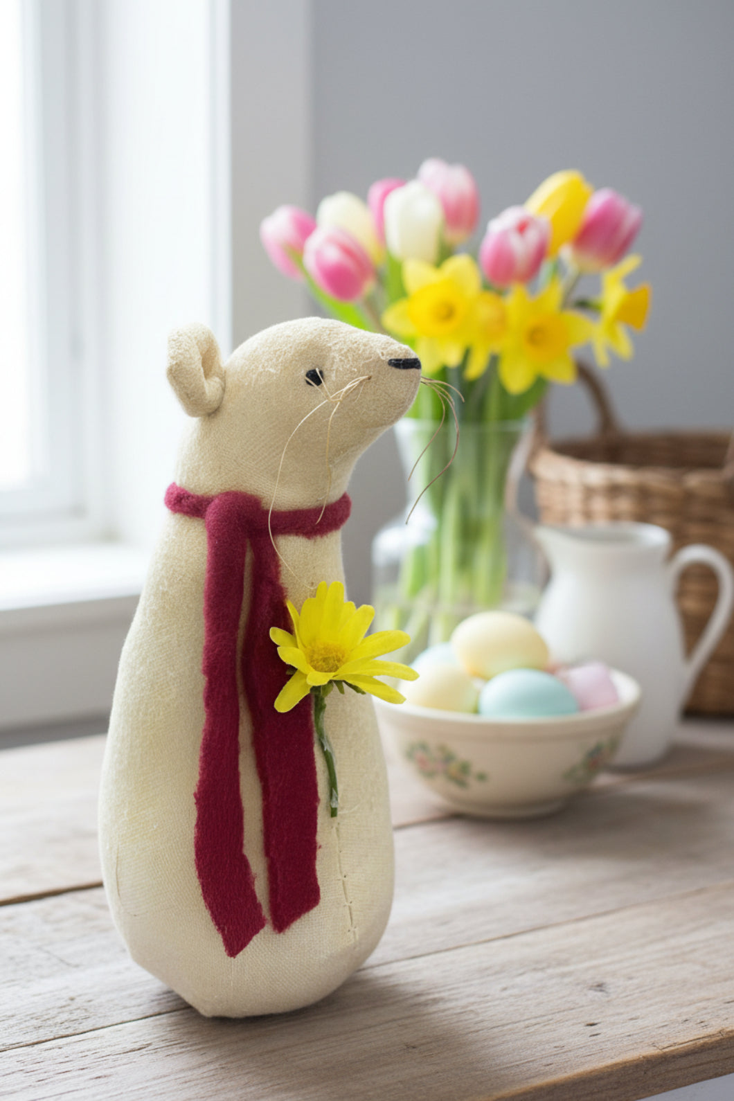 Primitive Handcrafted Spring Easter Mouse with Flower 6.5" - The Primitive Pineapple Collection