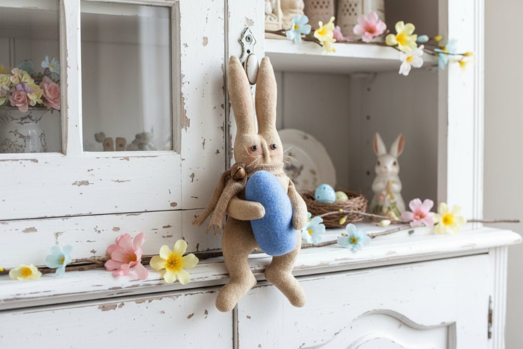 Primitive Handcrafted Hanging Spring Hopper Easter Bunny with Egg - The Primitive Pineapple Collection
