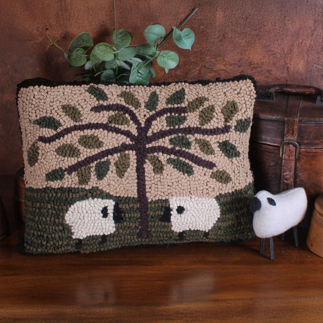 Primitive/Country Folk Art Hooked Serenity Sheep and Willow Pillow 14x20" - The Primitive Pineapple Collection
