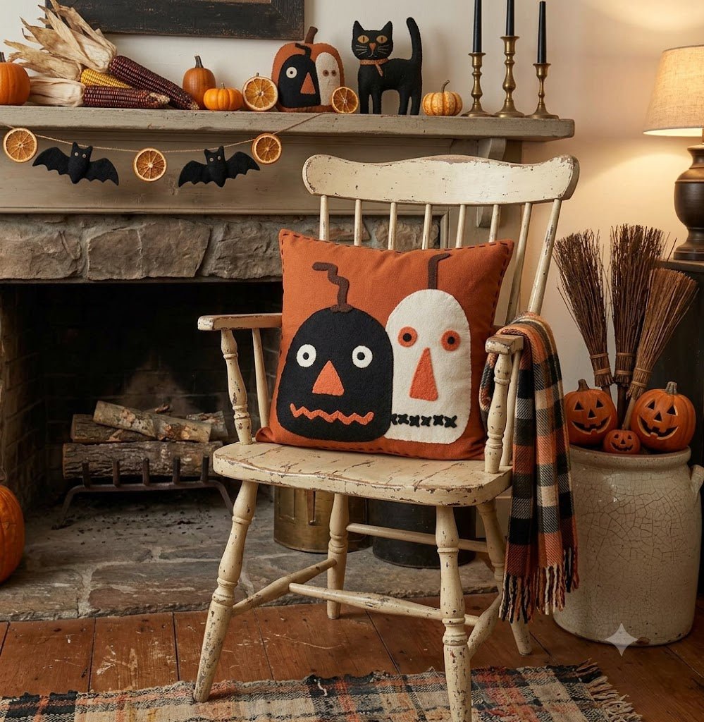 Fall Folk Art Pumpkin Pals Pillow 14" x 14" - The Primitive Pineapple Collection