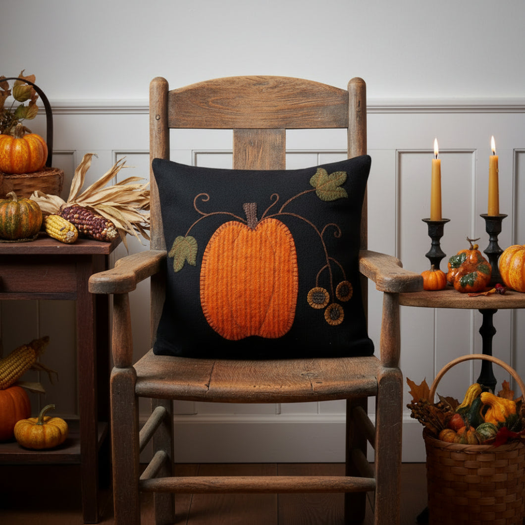 Fall Folk Art Black Wool Felt Pumpkin Pillow 14" x 14"
