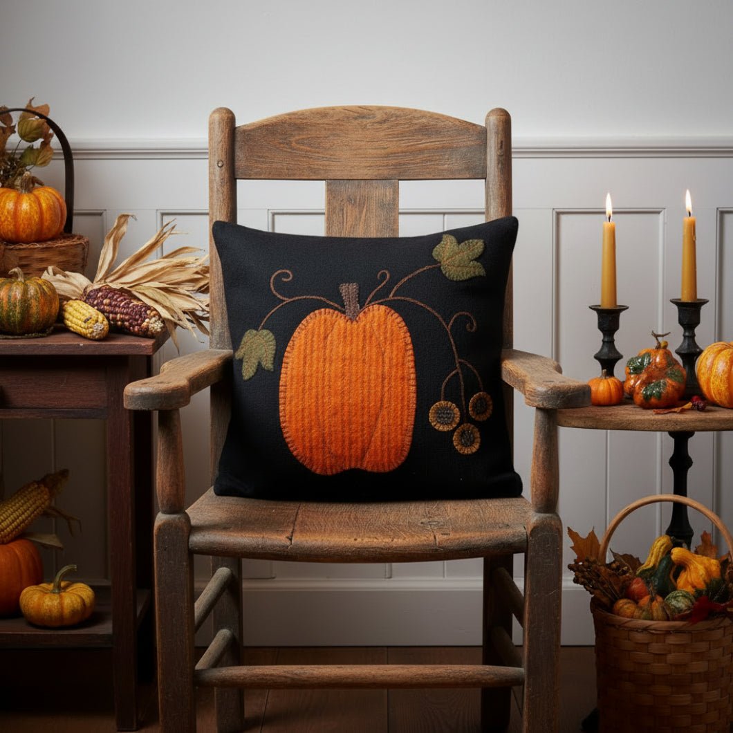 Fall Folk Art Black Wool Felt Pumpkin Pillow 14" x 14" - The Primitive Pineapple Collection