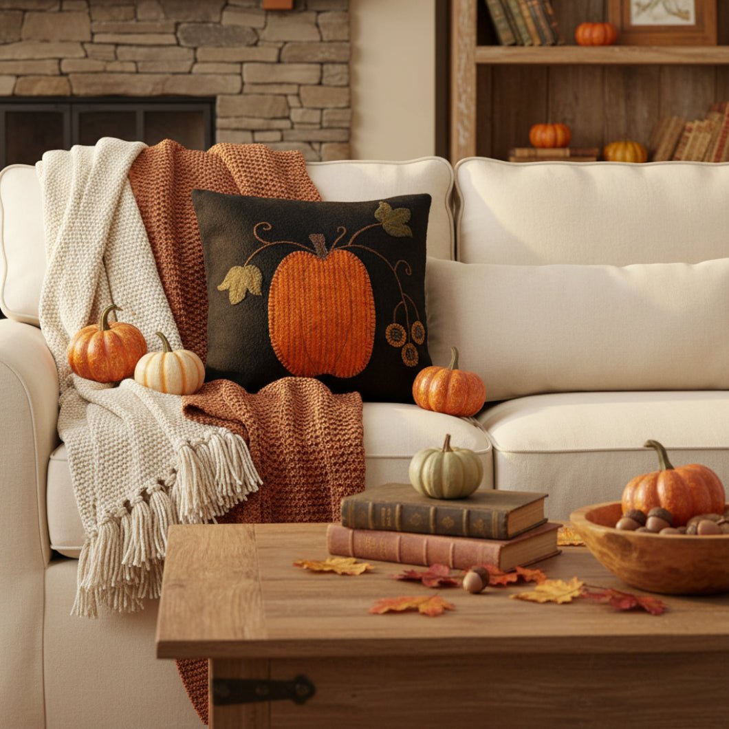 Fall Folk Art Black Wool Felt Pumpkin Pillow 14" x 14" - The Primitive Pineapple Collection
