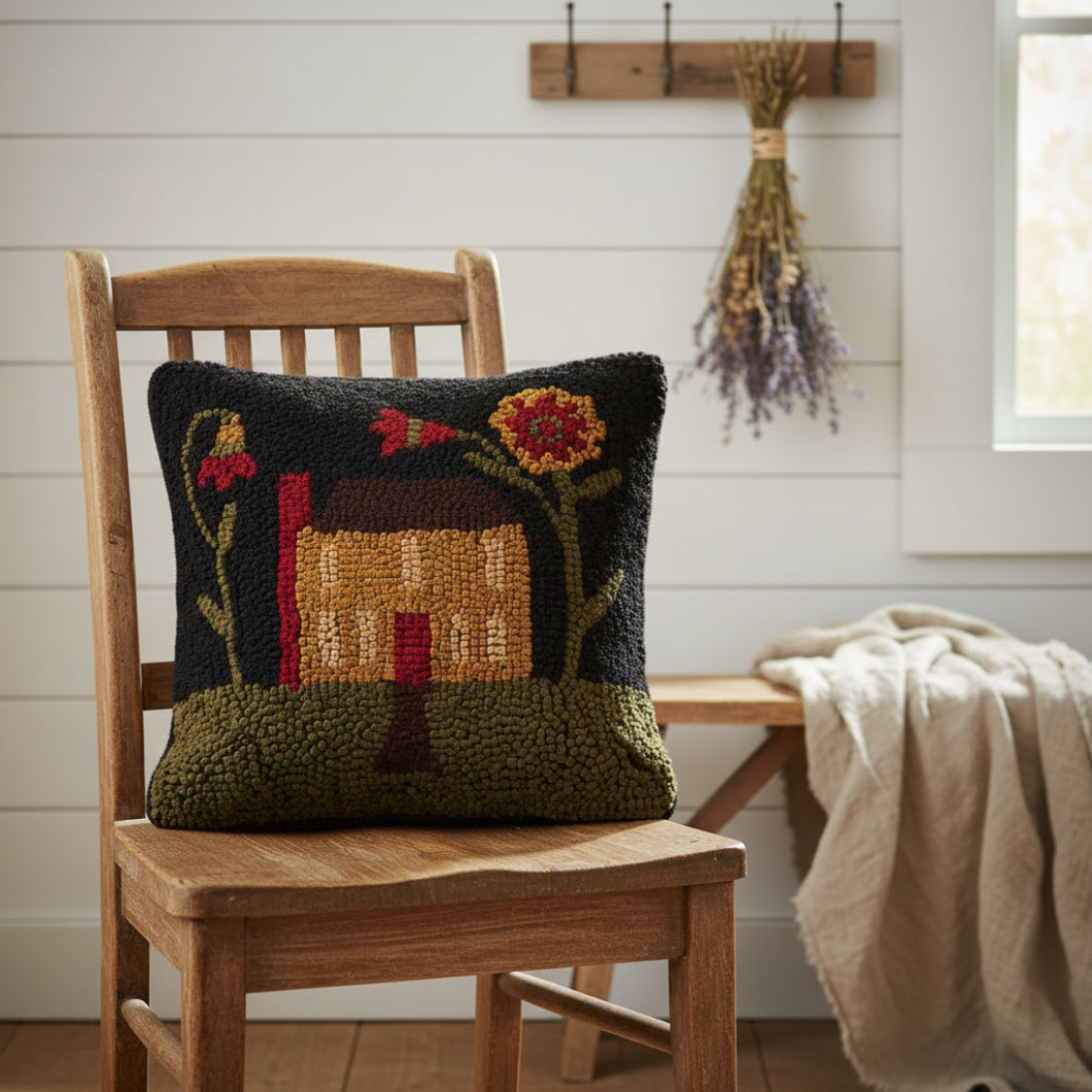 Primitive/Country Folk Art Hooked 14”Homecoming Saltbox Home Hooked Pillow - The Primitive Pineapple Collection