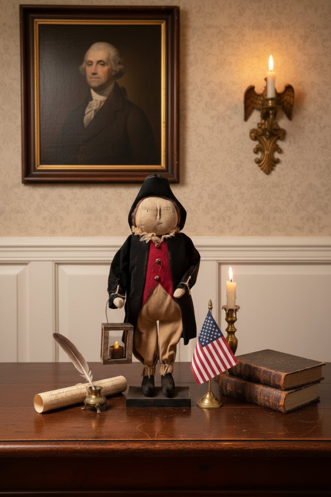 Primitive Handcrafted 20" Americana Paul Revere on Stand w/ Lantern - The Primitive Pineapple Collection