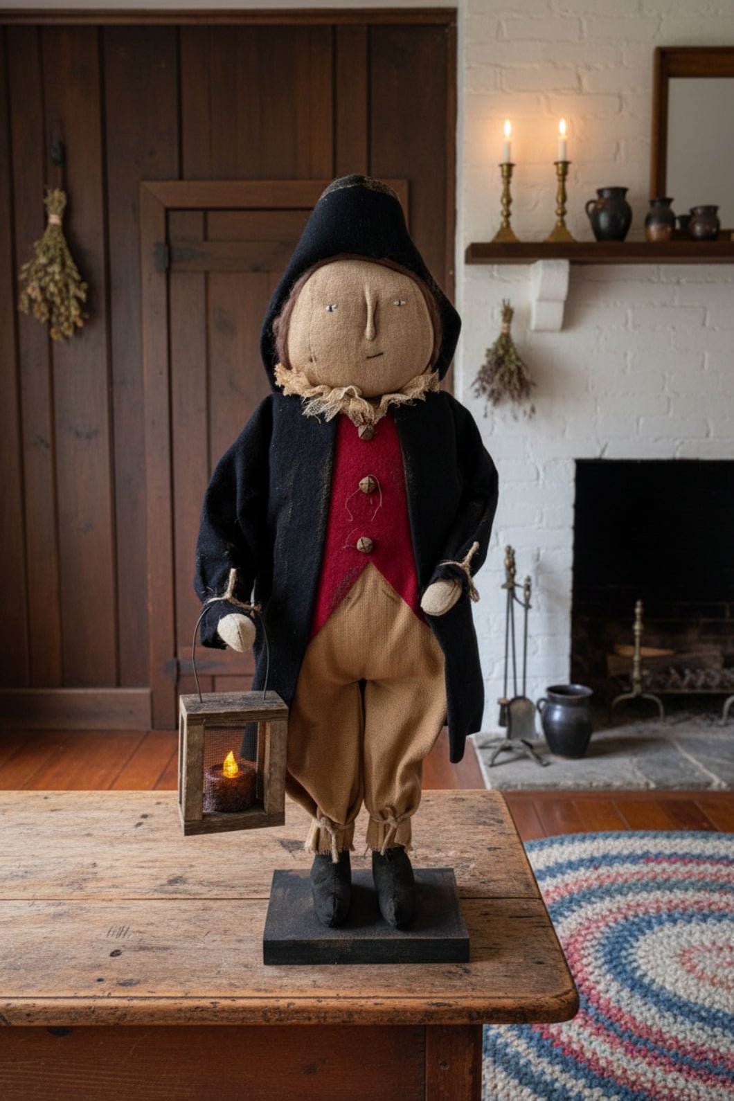 Primitive Handcrafted 20" Americana Paul Revere on Stand w/ Lantern - The Primitive Pineapple Collection