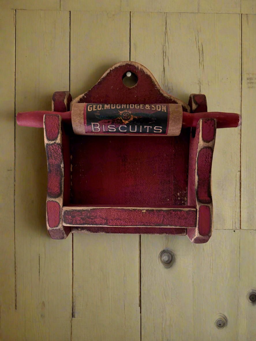 Primitive Handcrafted USA Colonial Wood Distressed Red Mini Rolling Pin w/ Rack - The Primitive Pineapple Collection