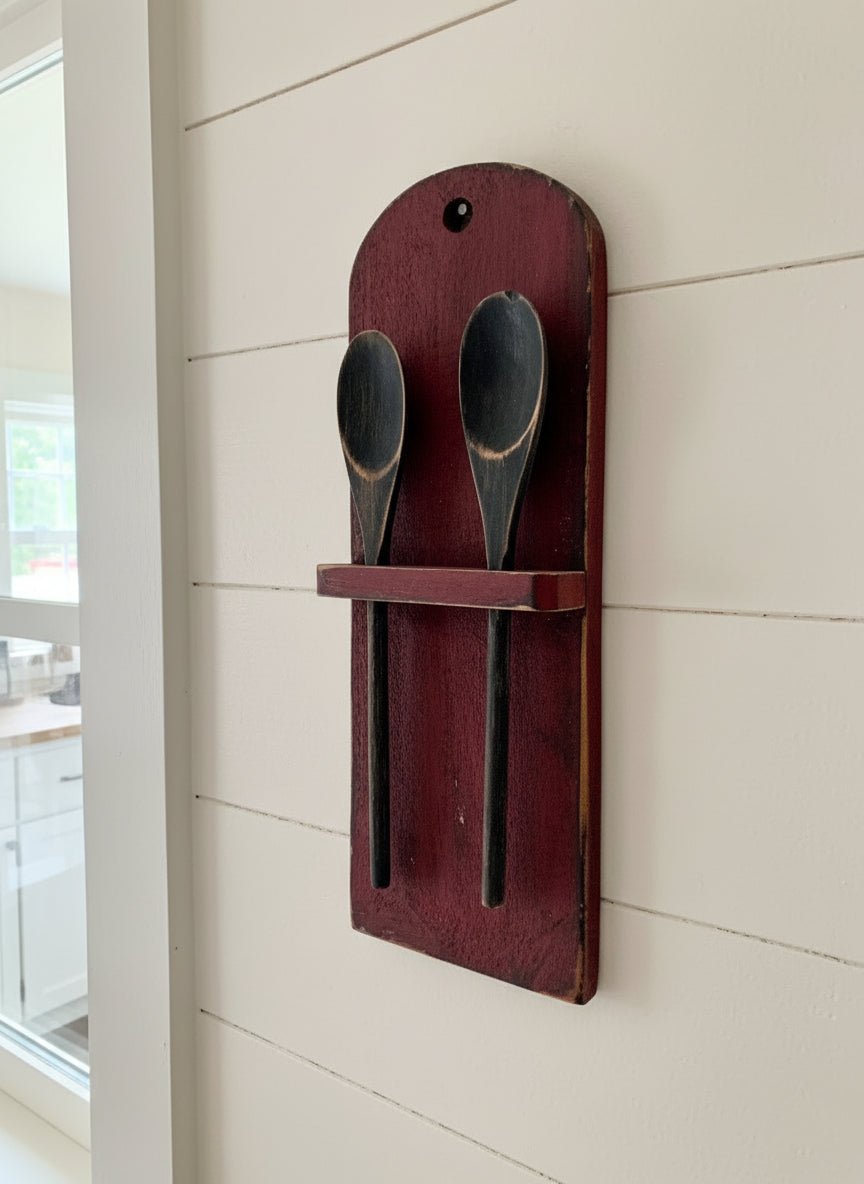 Primitive Handcrafted USA Colonial Wood Distressed Red Spoon Rack - The Primitive Pineapple Collection