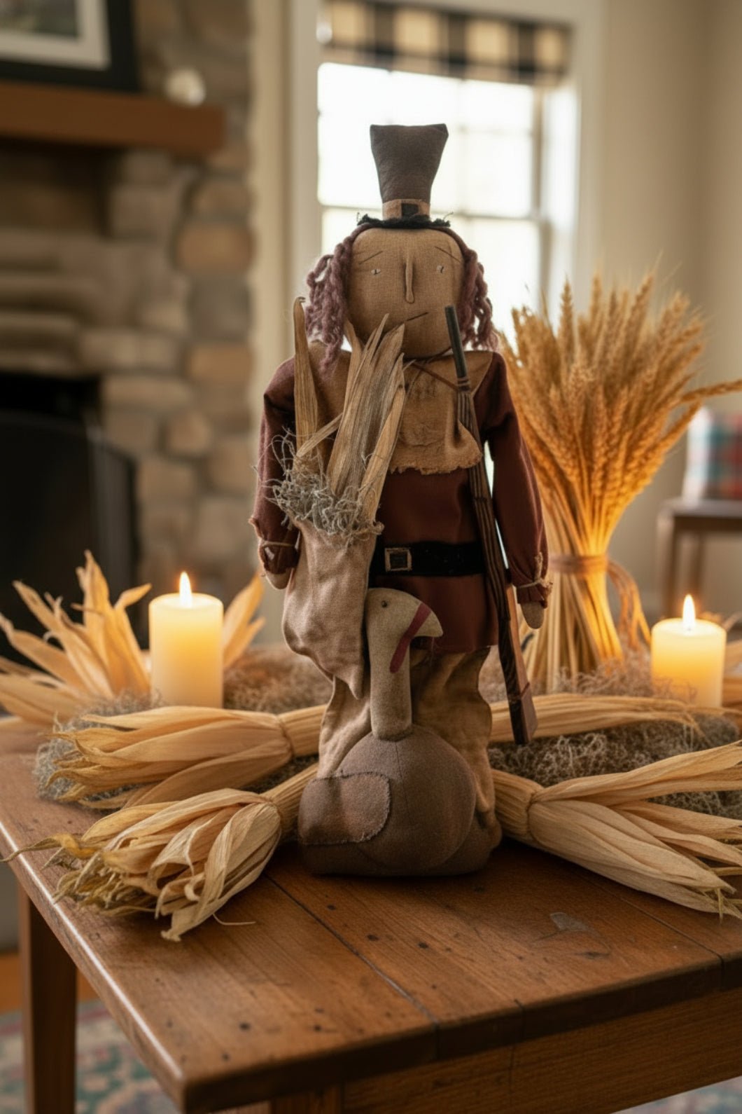 Primitive Handcrafted Thanksgiving Pilgrim Man w/ Turkey Doll on Stand 24" | Folk Art - The Primitive Pineapple Collection
