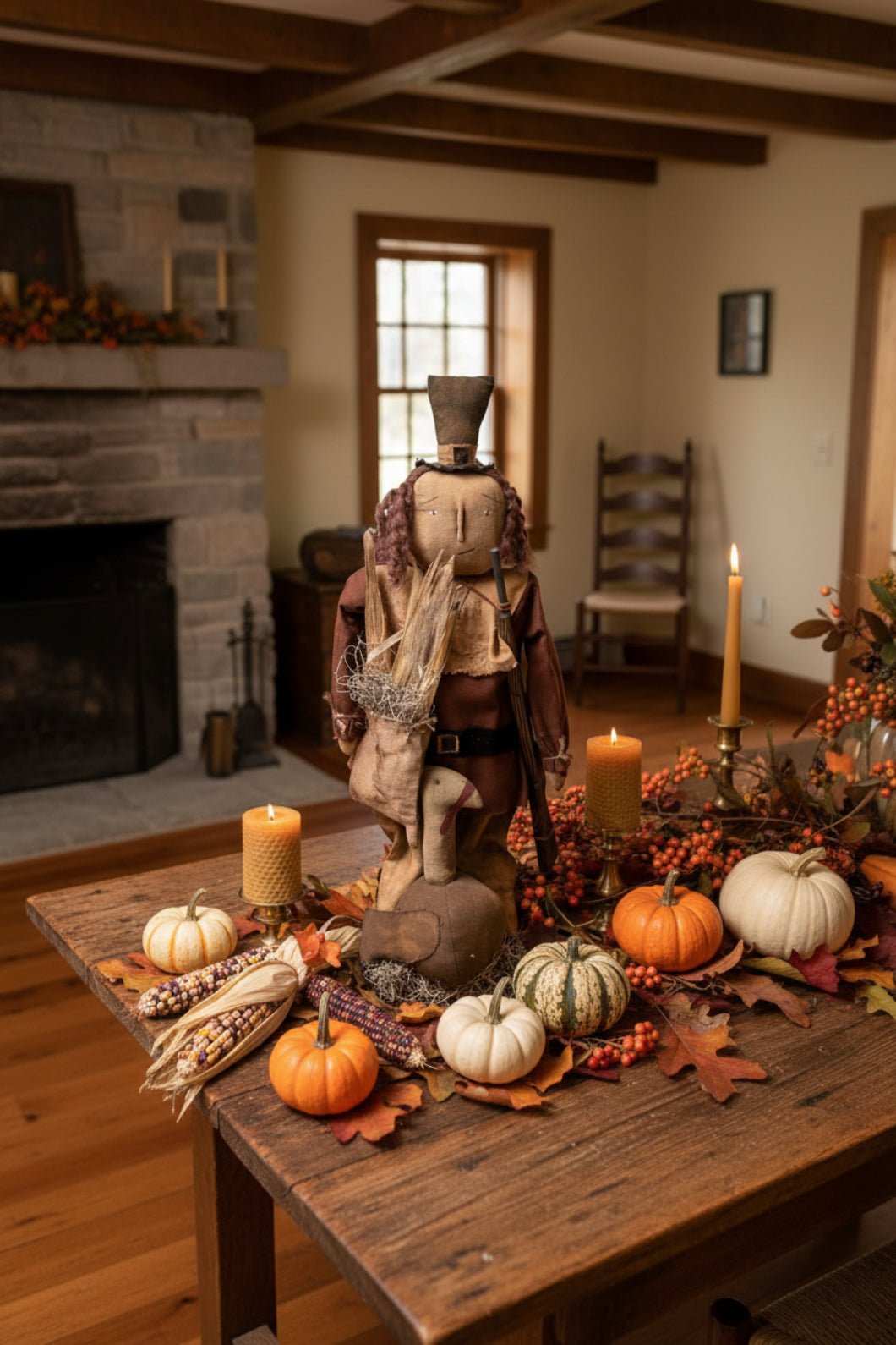 Primitive Handcrafted Thanksgiving Pilgrim Man w/ Turkey Doll on Stand 24" | Folk Art - The Primitive Pineapple Collection
