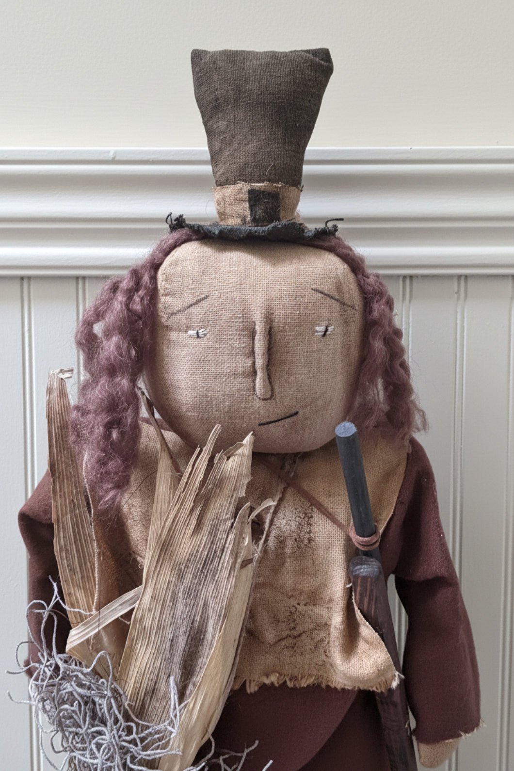 Primitive Handcrafted Thanksgiving Pilgrim Man w/ Turkey Doll on Stand 24" | Folk Art - The Primitive Pineapple Collection