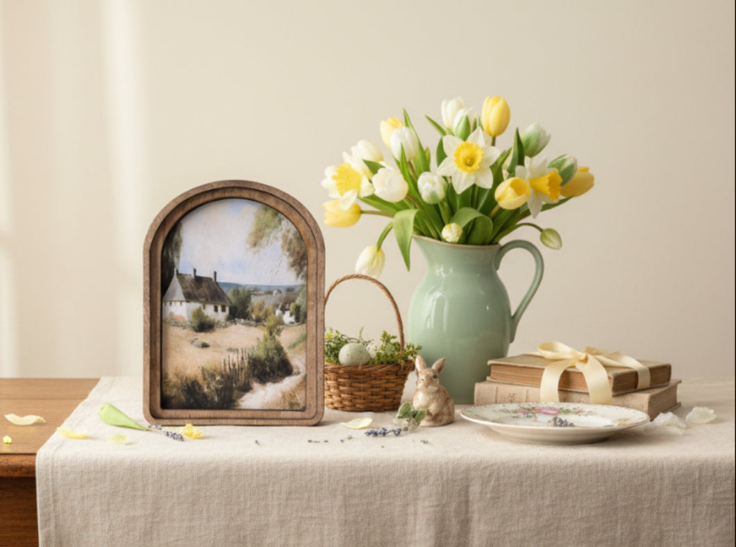 Handcrafted Retro 8" Canvas on Wood Arch Top White Cottage Framed Art