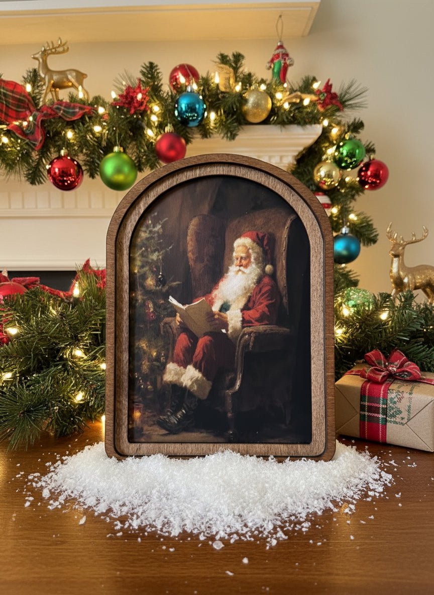 Handcrafted Retro 11" Canvas on Wood Christmas Arch Top Santa Reading Framed Art - The Primitive Pineapple Collection