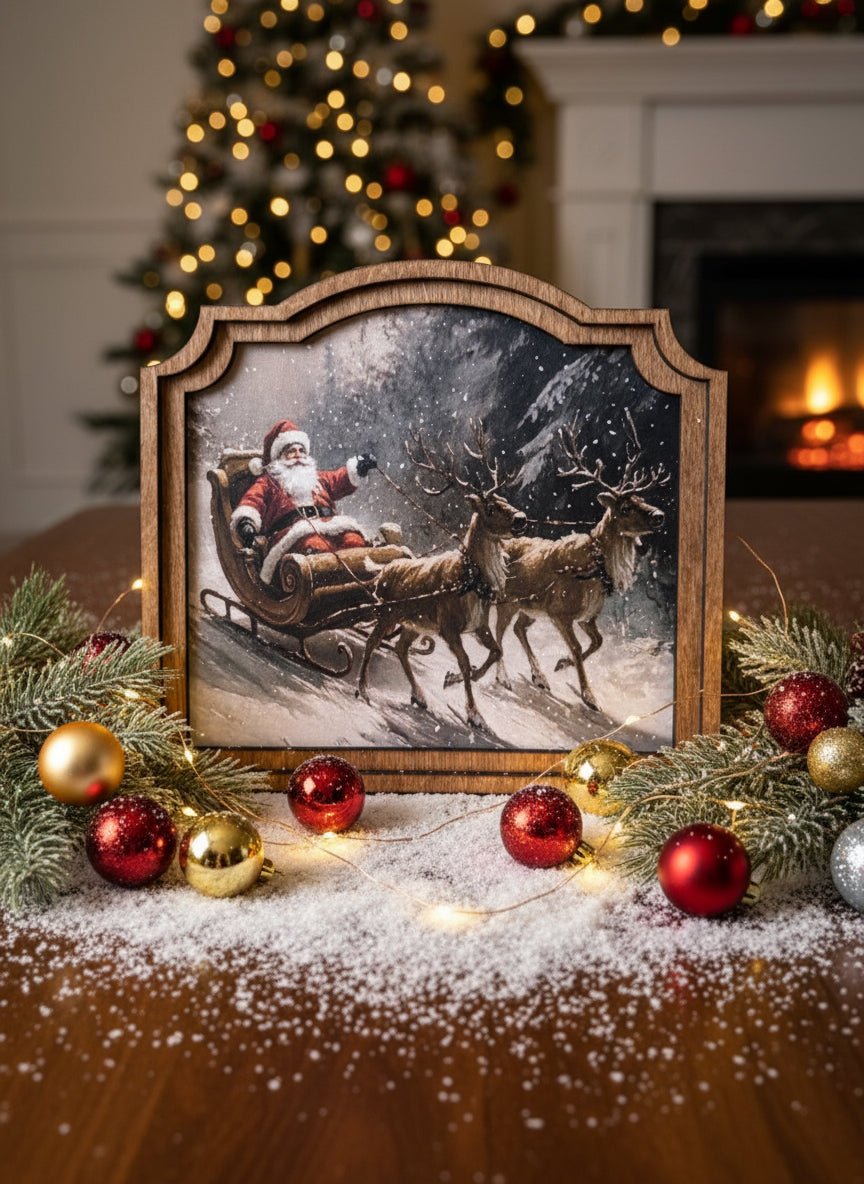 Handcrafted Retro Christmas 10" Canvas on Wood Provincial Santa Sleigh Framed Art - The Primitive Pineapple Collection