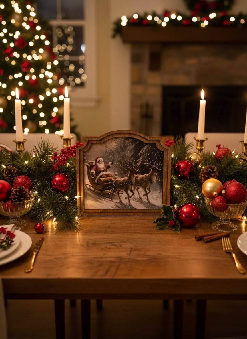 Handcrafted Retro Christmas 10" Canvas on Wood Provincial Santa Sleigh Framed Art - The Primitive Pineapple Collection