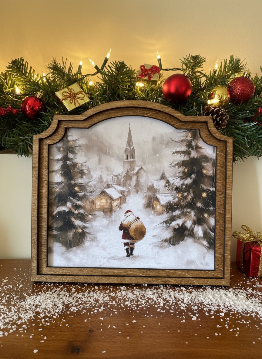 Handcrafted Retro Christmas 10" Canvas on Wood Provincial Village Santa Framed Art - The Primitive Pineapple Collection