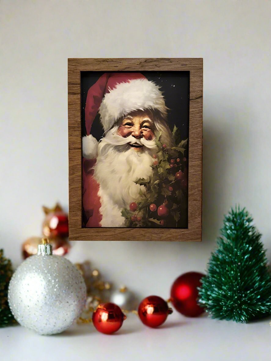 Handcrafted 7.5"Canvas on Wood Christmas Santa Claus Framed Art - The Primitive Pineapple Collection