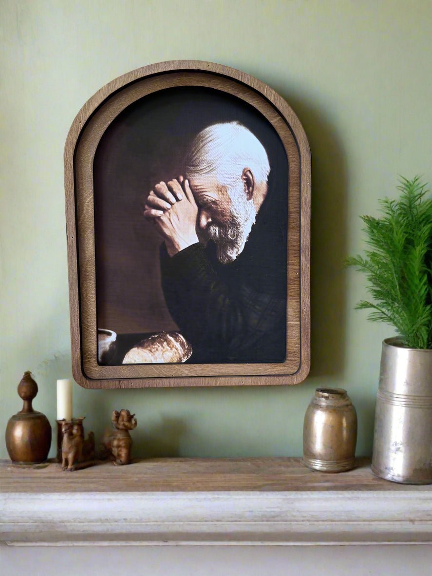 Handcrafted Retro 8" Canvas on Wood Arch Top Praying Man Framed Art - The Primitive Pineapple Collection