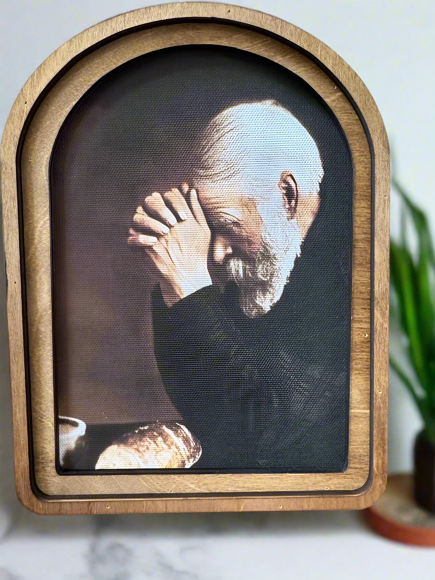 Handcrafted Retro 8" Canvas on Wood Arch Top Praying Man Framed Art - The Primitive Pineapple Collection