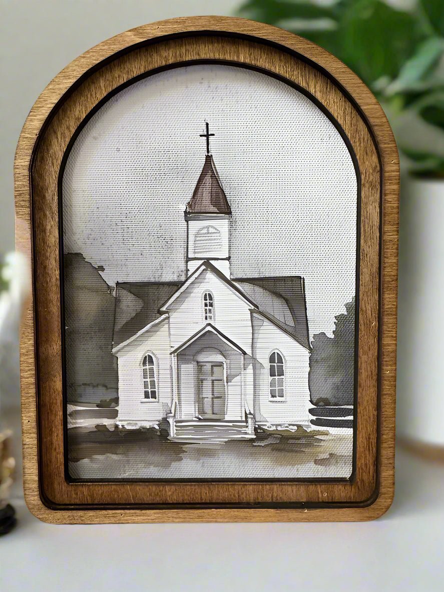 Handcrafted Retro 8" Canvas on Wood Primitive Watercolor Church Framed Art - The Primitive Pineapple Collection