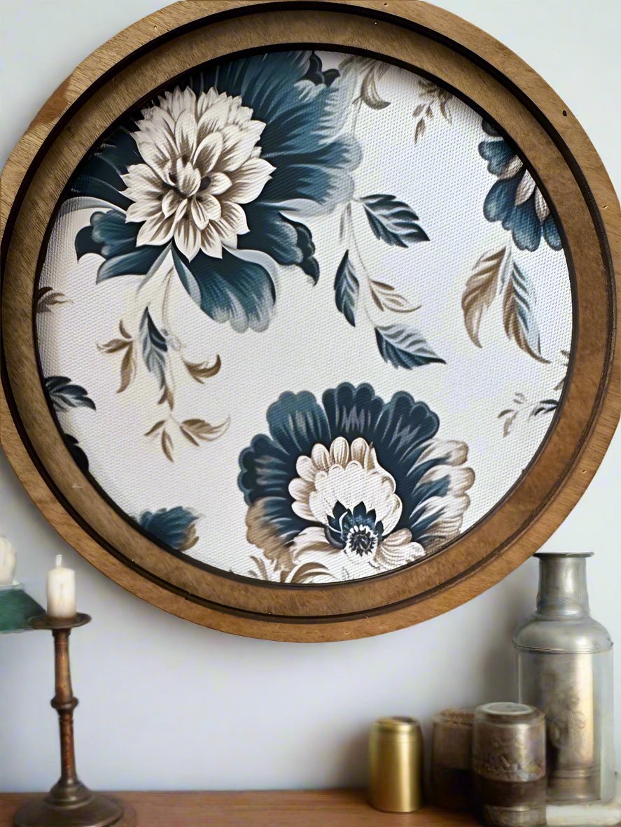 Handcrafted Retro 8" Canvas on Wood Primitive 8" Round Navy Tan Floral Framed Art - The Primitive Pineapple Collection