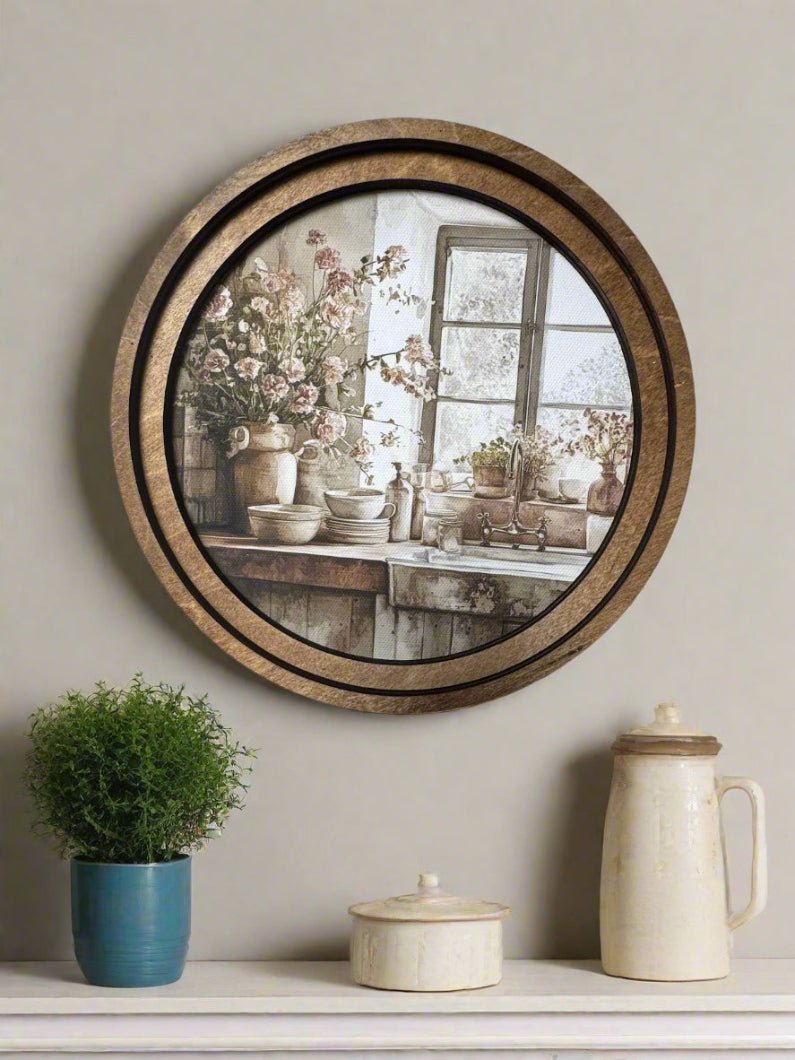 Handcrafted Retro 8" Canvas on Wood Primitive Round 8" Round Rustic Kitchen Art - The Primitive Pineapple Collection