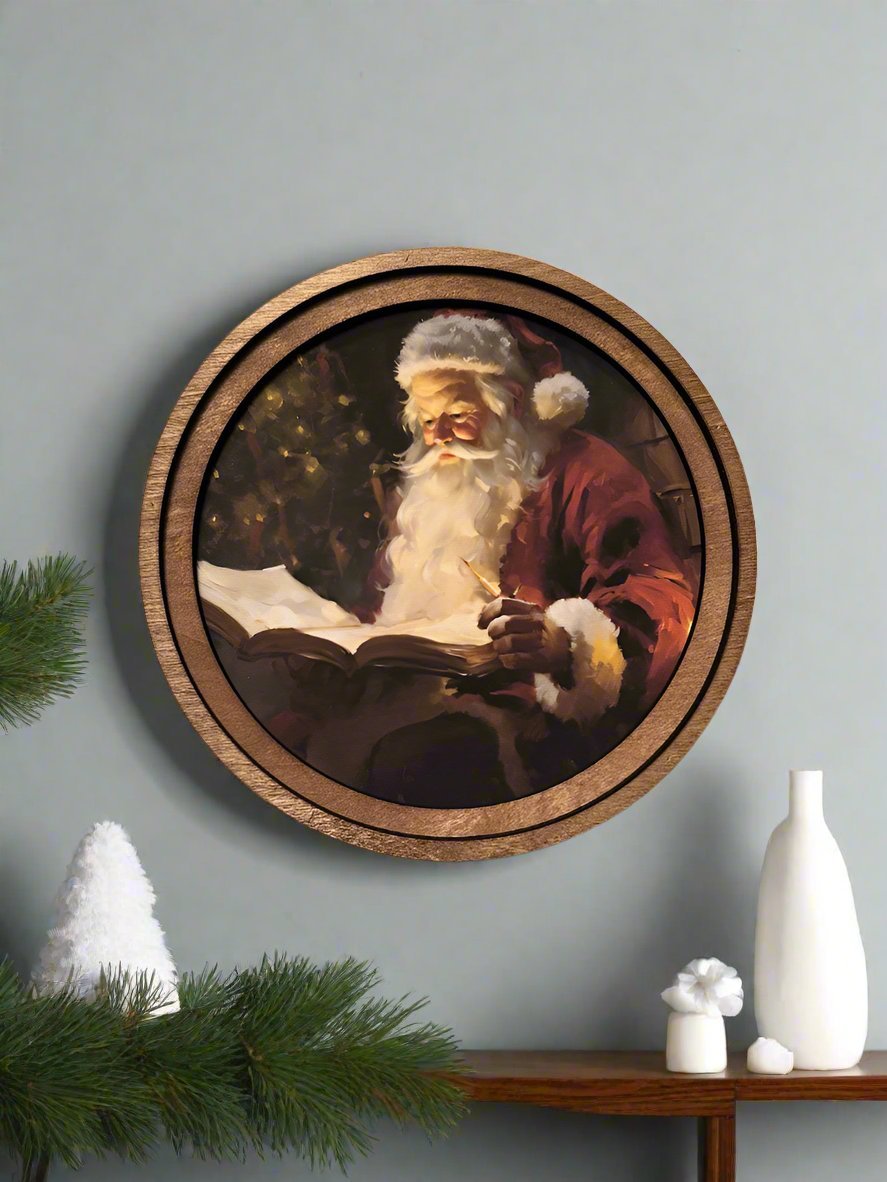 Handcrafted Retro 8" Canvas on Wood Christmas Classic Santa Claus Framed Art - The Primitive Pineapple Collection