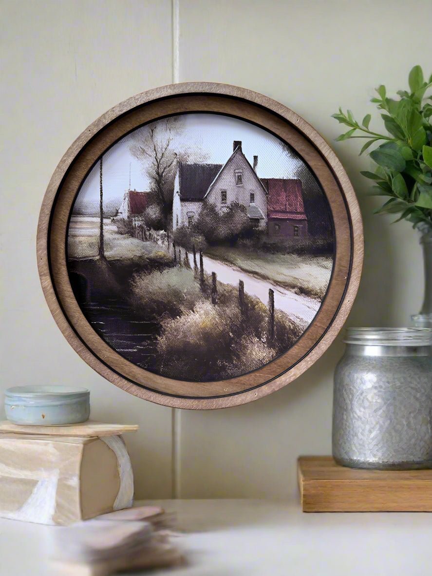 Handcrafted Retro 8" Canvas on Wood Primitive Dirt Lane Farmhouse Framed Art - The Primitive Pineapple Collection