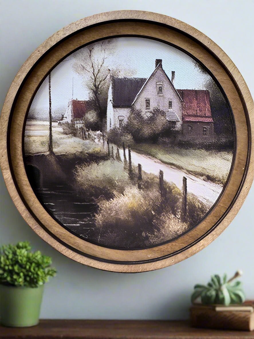 Handcrafted Retro 8" Canvas on Wood Primitive Dirt Lane Farmhouse Framed Art - The Primitive Pineapple Collection