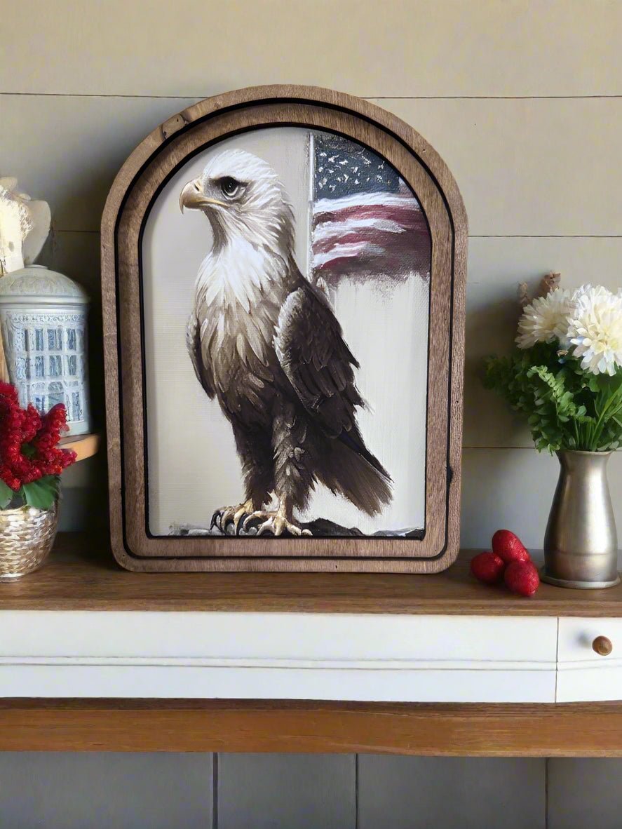 Handcrafted Retro 8" Canvas on Wood Patriotic Eagle with Flag Framed Art - The Primitive Pineapple Collection