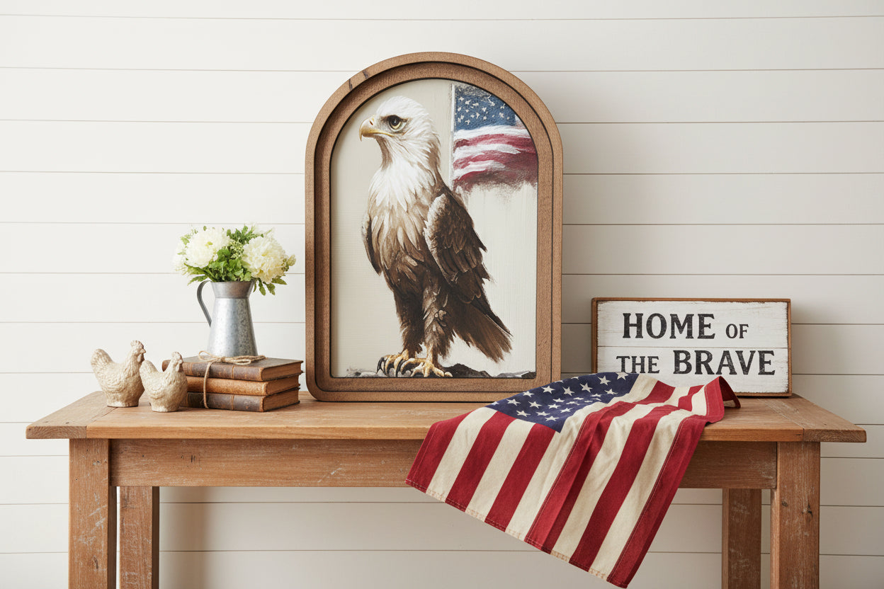 Handcrafted Retro 8" Canvas on Wood Patriotic Eagle with Flag Framed Art - The Primitive Pineapple Collection