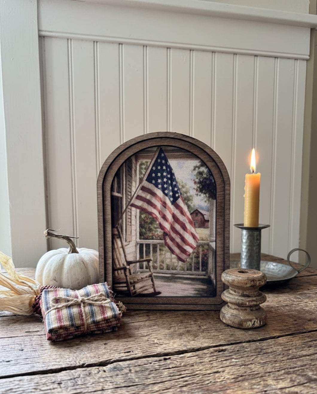 Handcrafted Retro Americana Porch Flag Canvas Arch Top Framed Art | Patriotic Primitive Décor