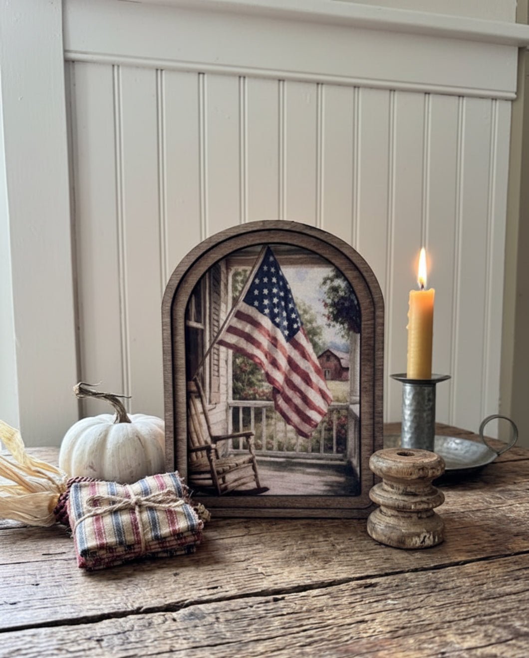 Handcrafted Retro Americana Porch Flag Canvas Arch Top Framed Art | Patriotic Primitive Décor - The Primitive Pineapple Collection
