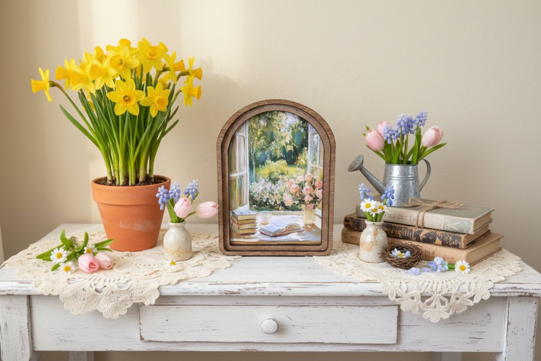 Handcrafted Retro 8" Canvas on Wood Arch Top Rustic Spring Window Framed Art - The Primitive Pineapple Collection