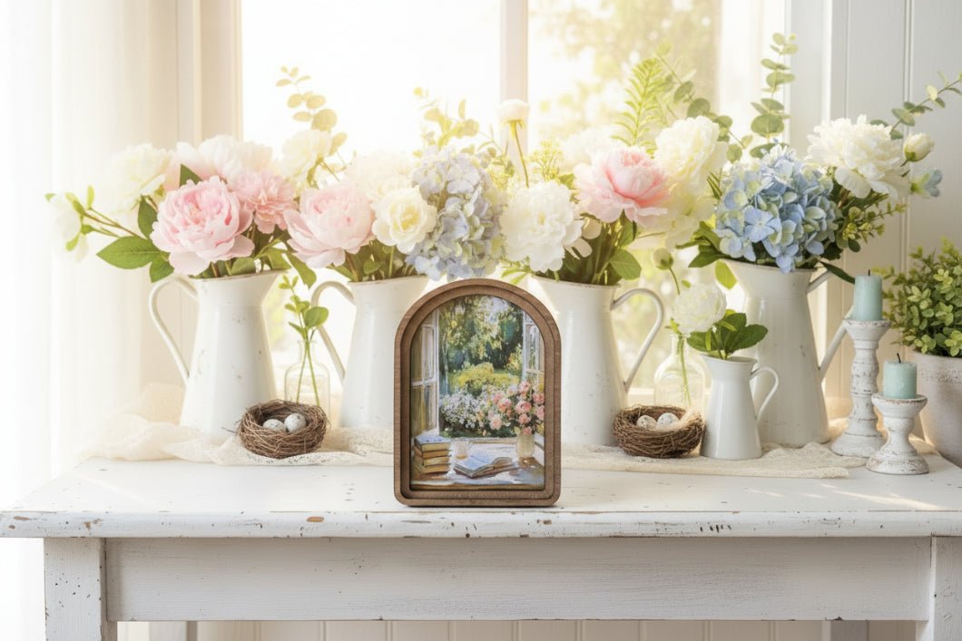 Handcrafted Retro 8" Canvas on Wood Arch Top Rustic Spring Window Framed Art - The Primitive Pineapple Collection