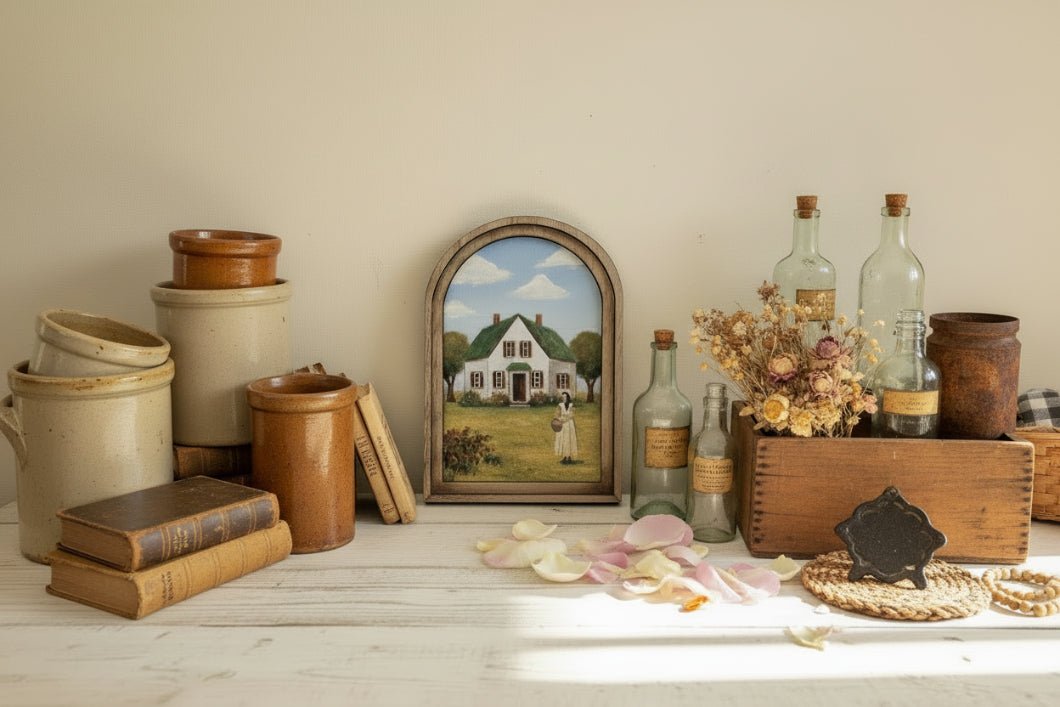 Handcrafted Spring Retro 8" Canvas on Wood Green Gables Cottage Framed Art - The Primitive Pineapple Collection