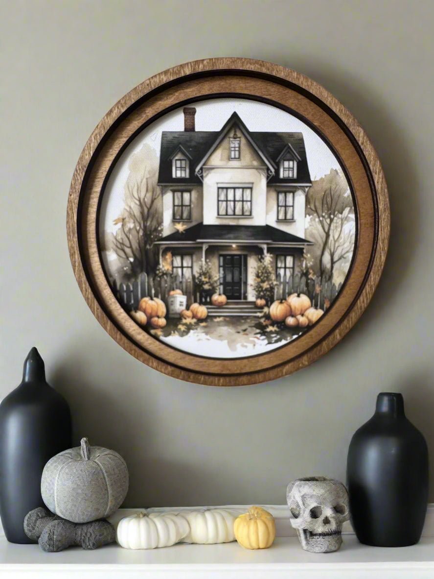 Handcrafted Retro 8" Canvas on Wood Primitive 8" Round Halloween House Art - The Primitive Pineapple Collection