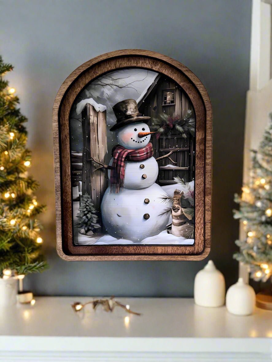 Handcrafted 8" Canvas on Wood Christmas Arch Top Rustic Snowman Framed Art - The Primitive Pineapple Collection