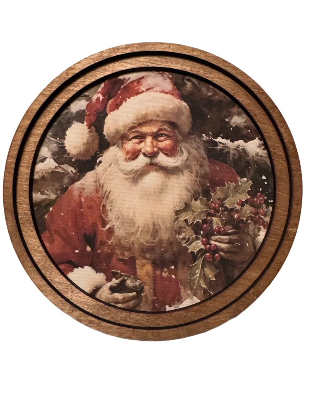 Handcrafted Retro 8" Canvas on Wood Christmas Jolly Santa Claus Framed Art - The Primitive Pineapple Collection