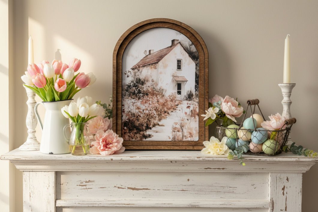 Handcrafted Retro 8" Canvas on Wood Arch Top Muted Cottage Framed Art - The Primitive Pineapple Collection