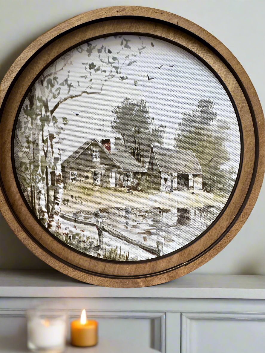 Handcrafted Retro 8" Canvas on Wood Primitive Farmhouse Pond Framed Art - The Primitive Pineapple Collection