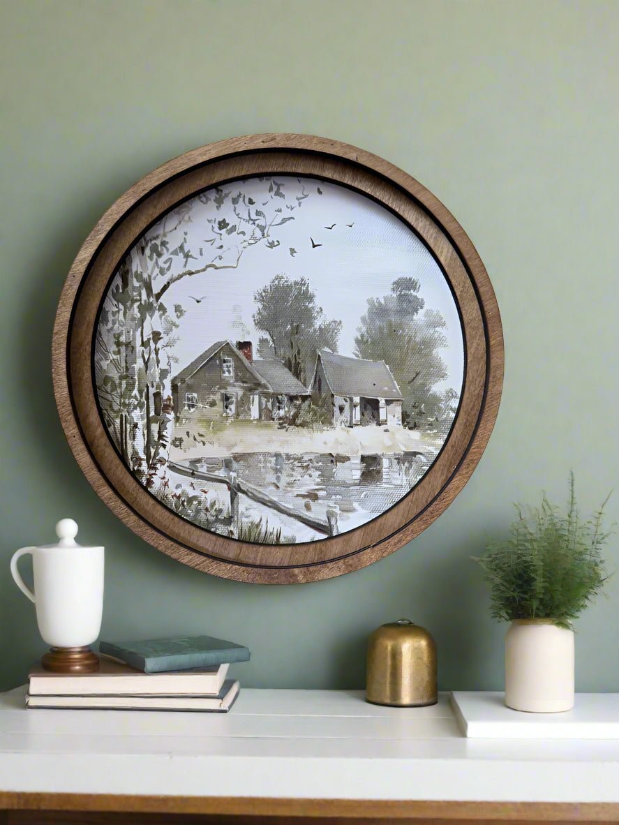 Handcrafted Retro 8" Canvas on Wood Primitive Farmhouse Pond Framed Art - The Primitive Pineapple Collection