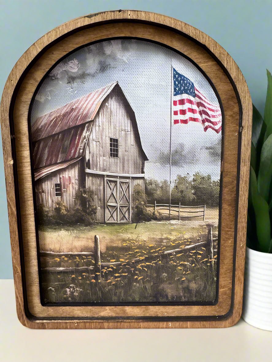 Handcrafted Retro 8" Canvas on Wood Arch Top Patriotic Homestead Framed Art - The Primitive Pineapple Collection