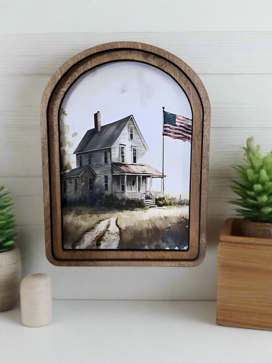 Handcrafted Retro 8" Canvas on Wood Colonial Farmhouse w/ Flag Framed Art - The Primitive Pineapple Collection