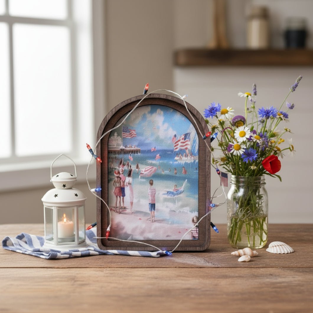 Handcrafted Retro 8" Patriotic Beach Scene Canvas Art – Primitive Wood Arch Frame - The Primitive Pineapple Collection