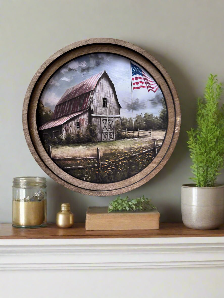 Handcrafted Retro 8" Canvas on Wood Primitive Round Patriotic Homestead Framed Art - The Primitive Pineapple Collection