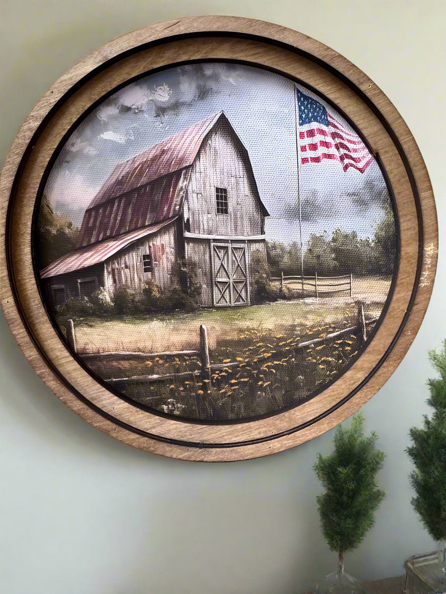 Handcrafted Retro 8" Canvas on Wood Primitive Round Patriotic Homestead Framed Art - The Primitive Pineapple Collection